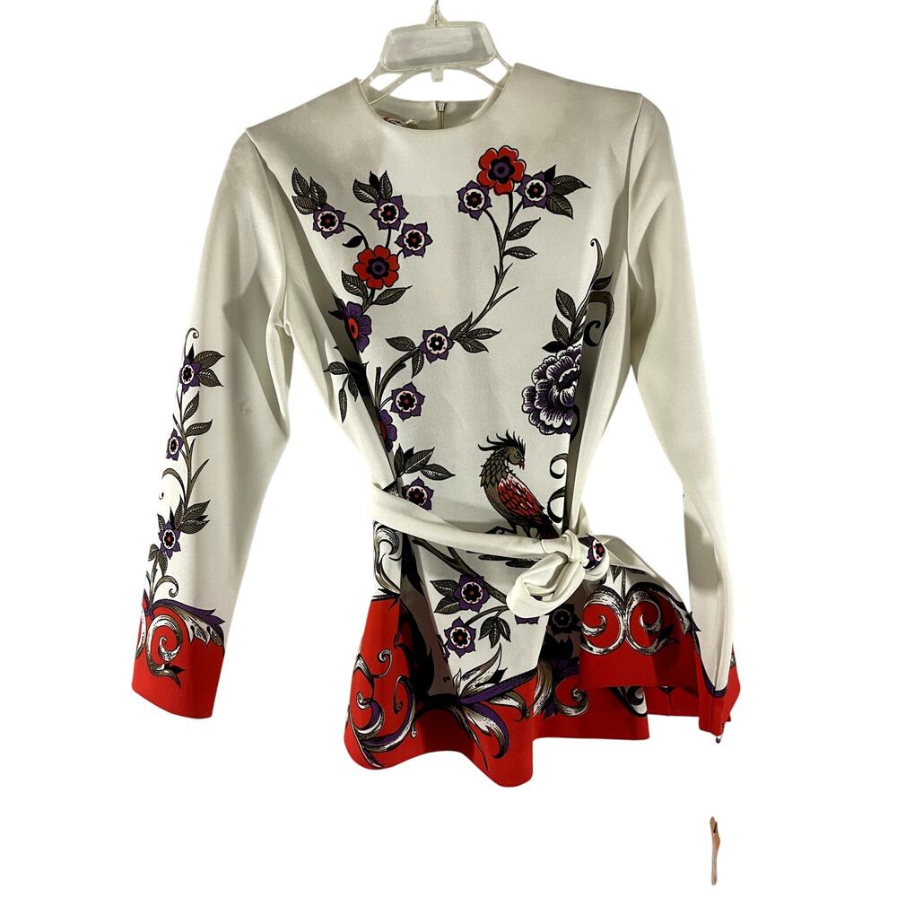 VTG Trissi Blouse Floral Birds Belted 8 Long sleeves Zipper =C